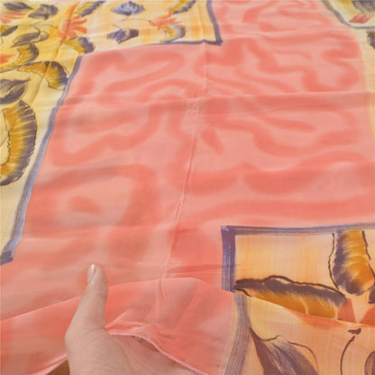 Sanskriti Vintage 100% Pure Georgette Silk Cream Printed Saree Craft Supplies 5 Yard Fabric Floral Upcycled Sarongs, Scarves, or Stoles
