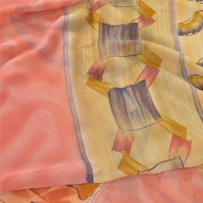 Sanskriti Vintage 100% Pure Georgette Silk Cream Printed Saree Craft Supplies 5 Yard Fabric Floral Upcycled Sarongs, Scarves, or Stoles