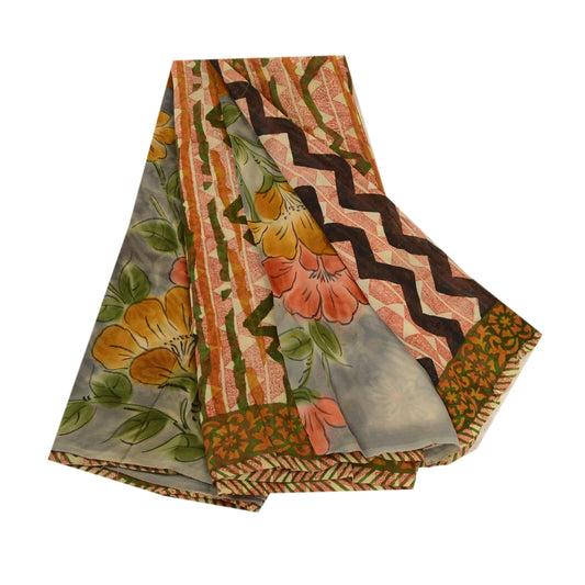 Sanskriti Vintage Sari 100% Pure Georgette Silk Black Printed Sarees 5Yd Craft Fabric Recycled For Quilting Felting, Home Decor