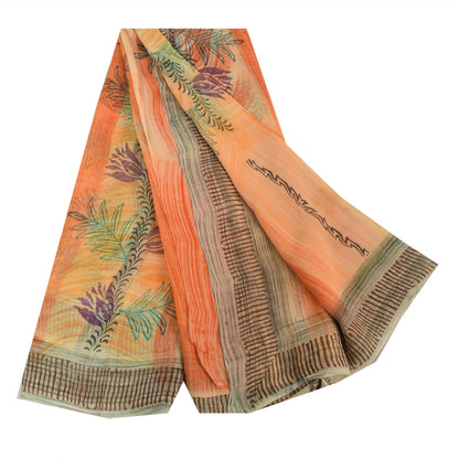 Sanskriti Vintage Peach Sarees Blend Georgette Printed Sari Craft 5 Yard Sustainable Fabric