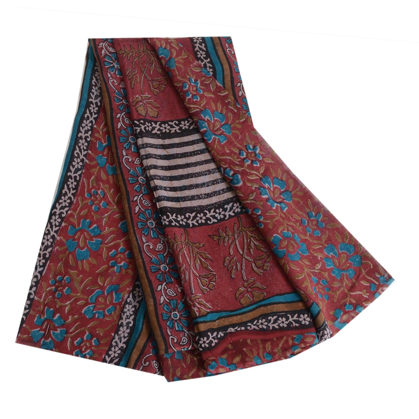 Sanskriti Vintage 100% Pure Georgette Silk Dark Red Printed Saree 5 Yd Craft Fabric Floral Recycled For Quilting Felting, Home Decor