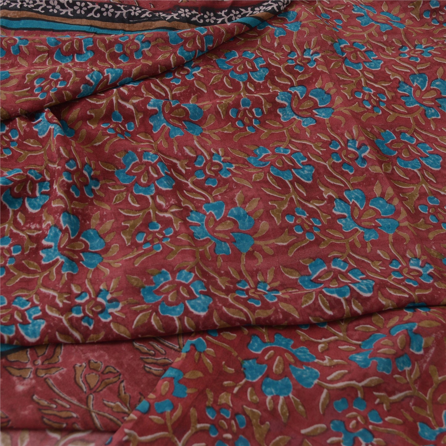 Sanskriti Vintage 100% Pure Georgette Silk Dark Red Printed Saree 5 Yd Craft Fabric Floral Recycled For Quilting Felting, Home Decor