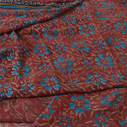 Sanskriti Vintage 100% Pure Georgette Silk Dark Red Printed Saree 5 Yd Craft Fabric Floral Recycled For Quilting Felting, Home Decor