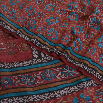Sanskriti Vintage 100% Pure Georgette Silk Dark Red Printed Saree 5 Yd Craft Fabric Floral Recycled For Quilting Felting, Home Decor