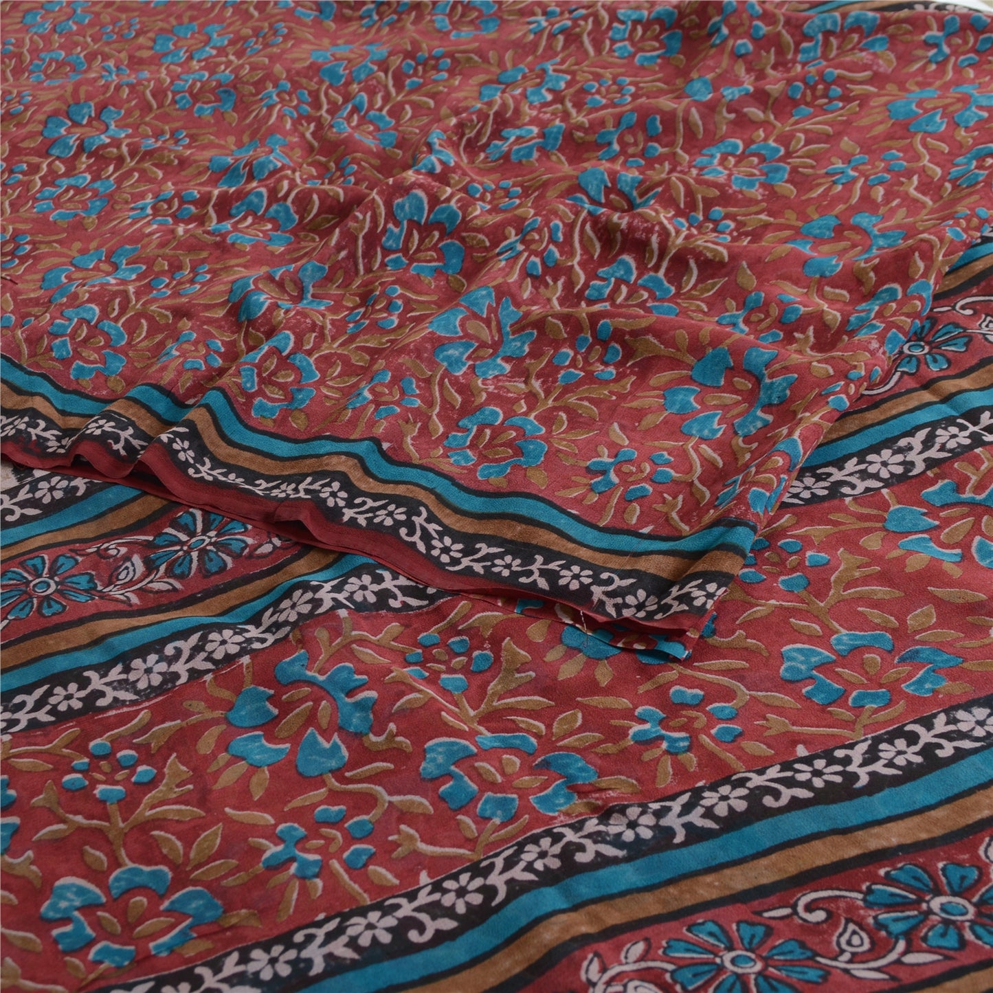Sanskriti Vintage 100% Pure Georgette Silk Dark Red Printed Saree 5 Yd Craft Fabric Floral Recycled For Quilting Felting, Home Decor