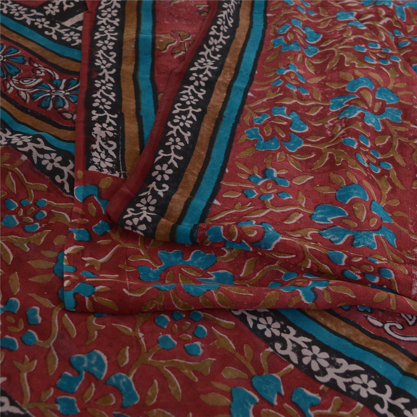 Sanskriti Vintage 100% Pure Georgette Silk Dark Red Printed Saree 5 Yd Craft Fabric Floral Recycled For Quilting Felting, Home Decor