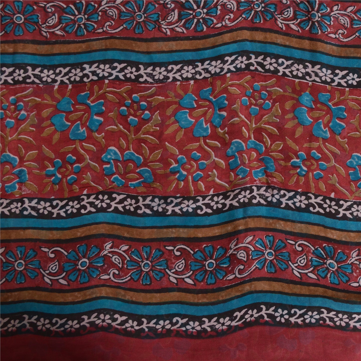 Sanskriti Vintage 100% Pure Georgette Silk Dark Red Printed Saree 5 Yd Craft Fabric Floral Recycled For Quilting Felting, Home Decor