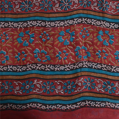 Sanskriti Vintage 100% Pure Georgette Silk Dark Red Printed Saree 5 Yd Craft Fabric Floral Recycled For Quilting Felting, Home Decor