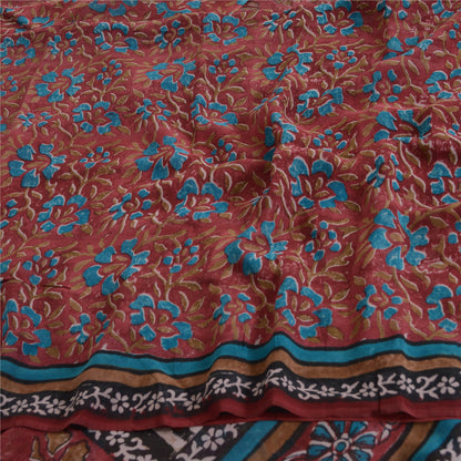 Sanskriti Vintage 100% Pure Georgette Silk Dark Red Printed Saree 5 Yd Craft Fabric Floral Recycled For Quilting Felting, Home Decor