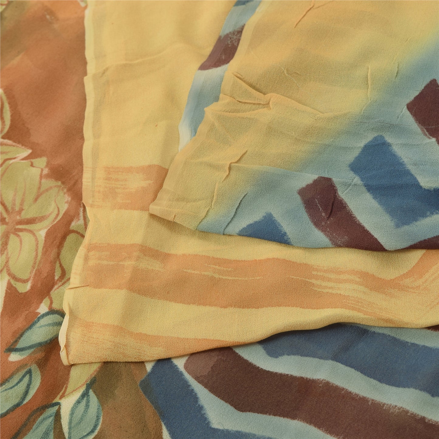 Sanskriti Vintage Blend Georgette Cream Printed Saree 5 Yd Floral Craft Fabric Floral Recycled For Quilting Felting, Home Decor,Upcyclers