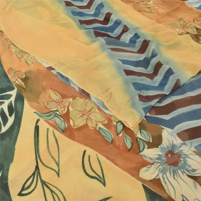 Sanskriti Vintage Blend Georgette Cream Printed Saree 5 Yd Floral Craft Fabric Floral Recycled For Quilting Felting, Home Decor,Upcyclers