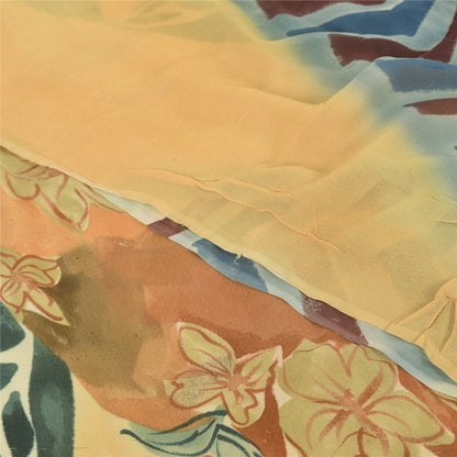 Sanskriti Vintage Blend Georgette Cream Printed Saree 5 Yd Floral Craft Fabric Floral Recycled For Quilting Felting, Home Decor,Upcyclers