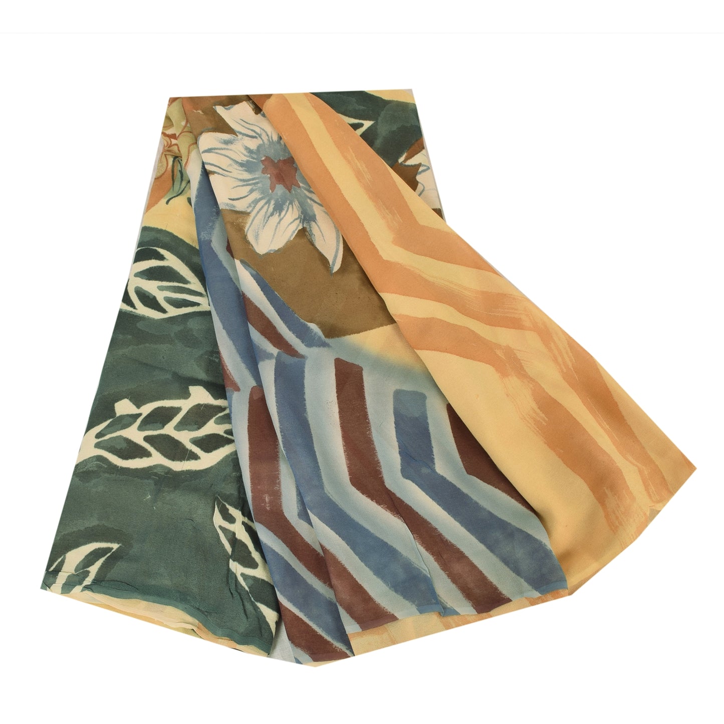 Sanskriti Vintage Blend Georgette Cream Printed Saree 5 Yd Floral Craft Fabric Floral Recycled For Quilting Felting, Home Decor,Upcyclers