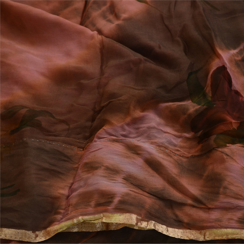 Sanskriti Vintage Sari Blend Georgette Tie-Dye Brown Printed Sarees 5 Yd Craft Fabric Create-Floral Dresses, Kaftans, Skirts, Tops