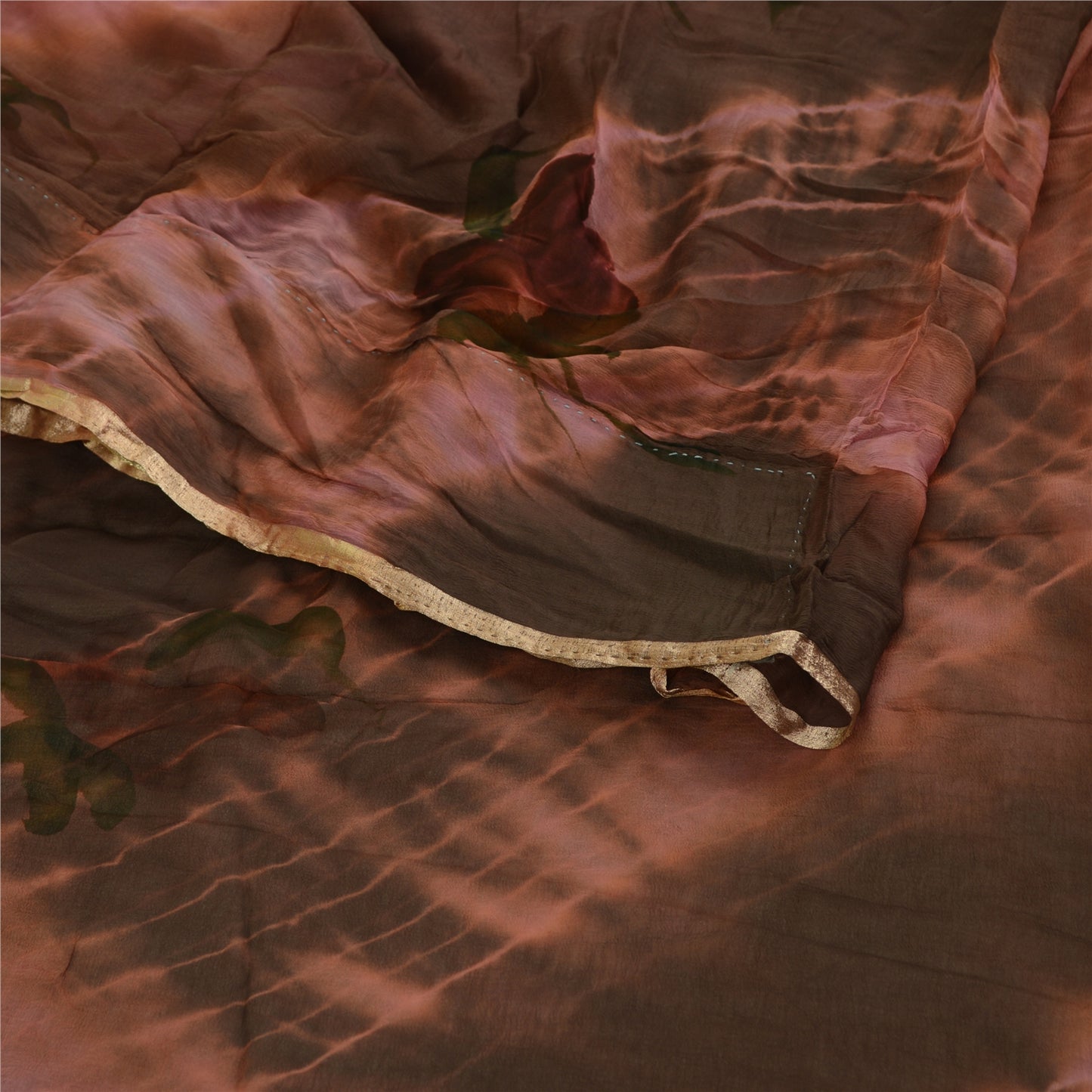Sanskriti Vintage Sari Blend Georgette Tie-Dye Brown Printed Sarees 5 Yd Craft Fabric Create-Floral Dresses, Kaftans, Skirts, Tops