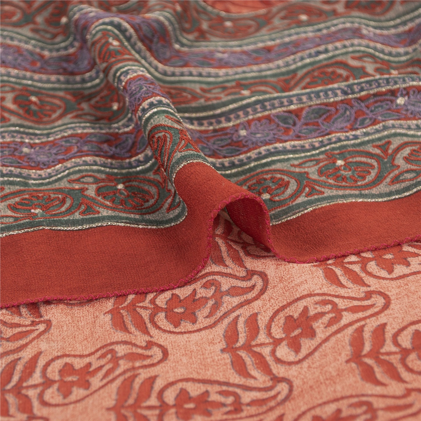 Sanskriti Vintage Sarees Red Embroidered Pure Geogette Silk Printed Sari Sustainable Fabric