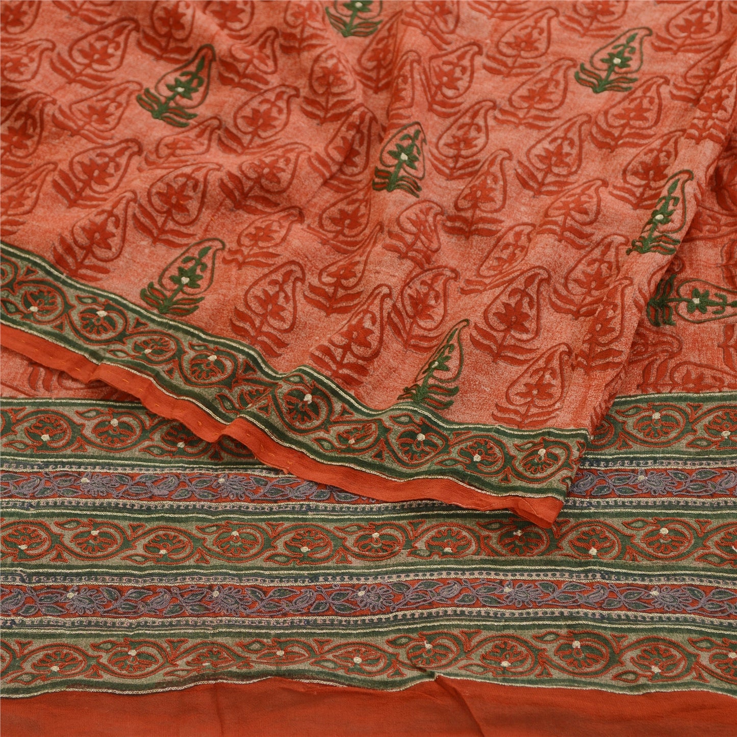 Sanskriti Vintage Sarees Red Embroidered Pure Geogette Silk Printed Sari Sustainable Fabric