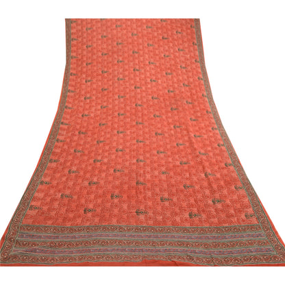 Sanskriti Vintage Sarees Red Embroidered Pure Geogette Silk Printed Sari Sustainable Fabric