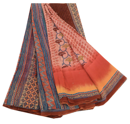 Sanskriti Vintage Sari 100% Pure Georgette Silk Sarees Pink Sarees 5yd Craft Fabric upholstery fabric