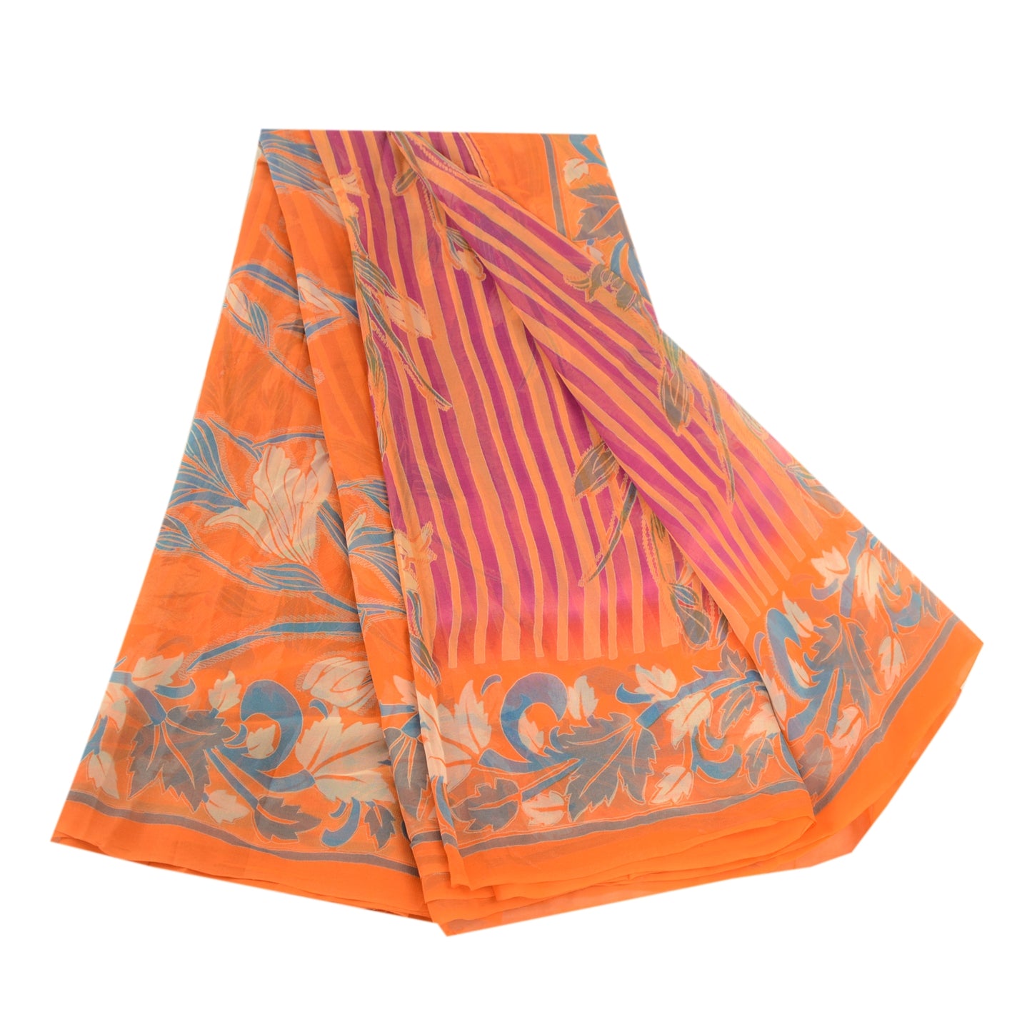 Sanskriti Vintage Sarees Indian Orange Blend Geogette Printed Sari Craft Sustainable Fabric