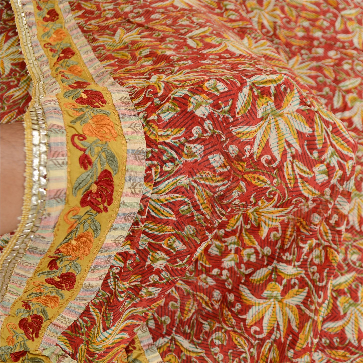 Sanskriti Vintage Sarees Red Blend Geogette Printed Patch Work Sari Craft Sustainable Fabric