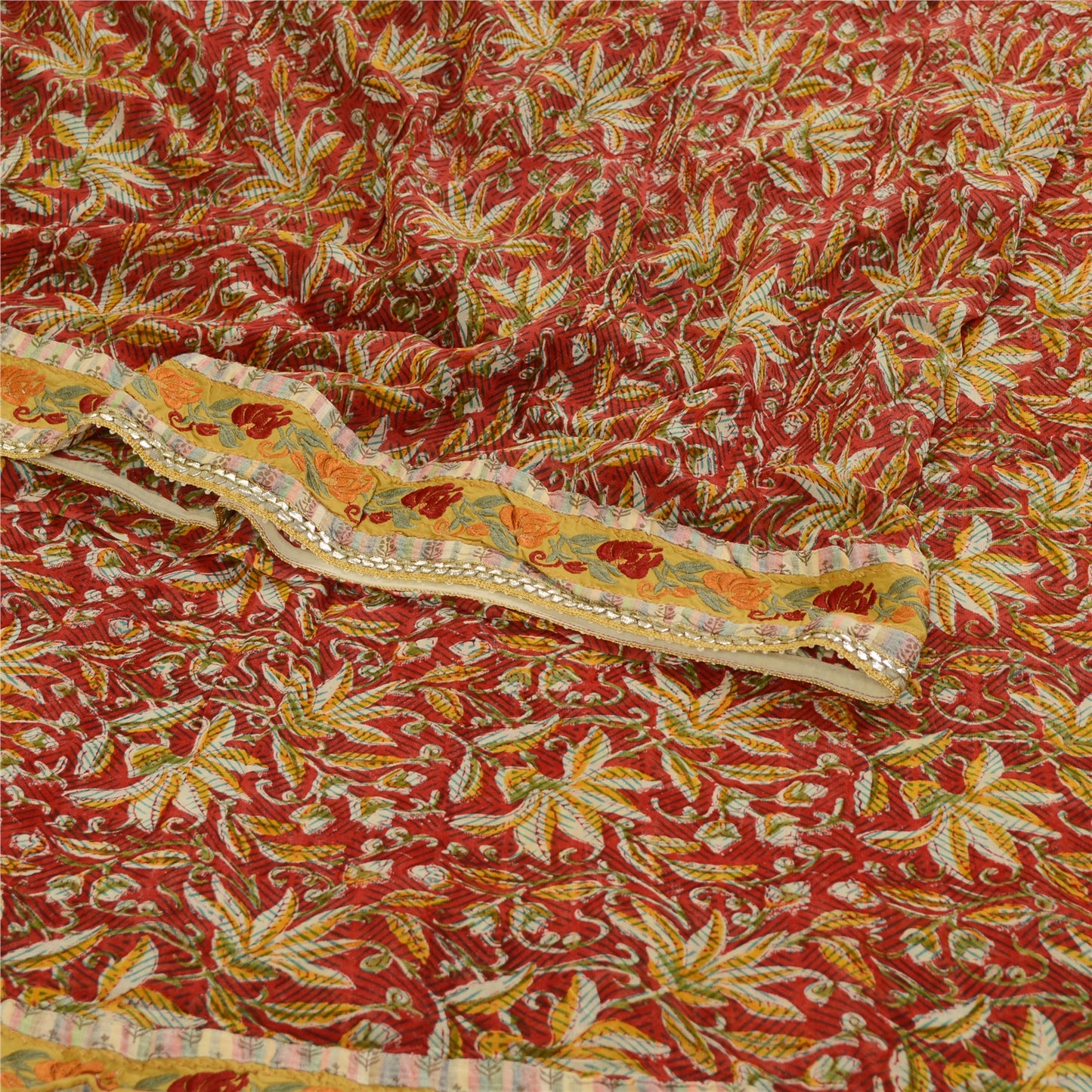 Sanskriti Vintage Sarees Red Blend Geogette Printed Patch Work Sari Craft Sustainable Fabric