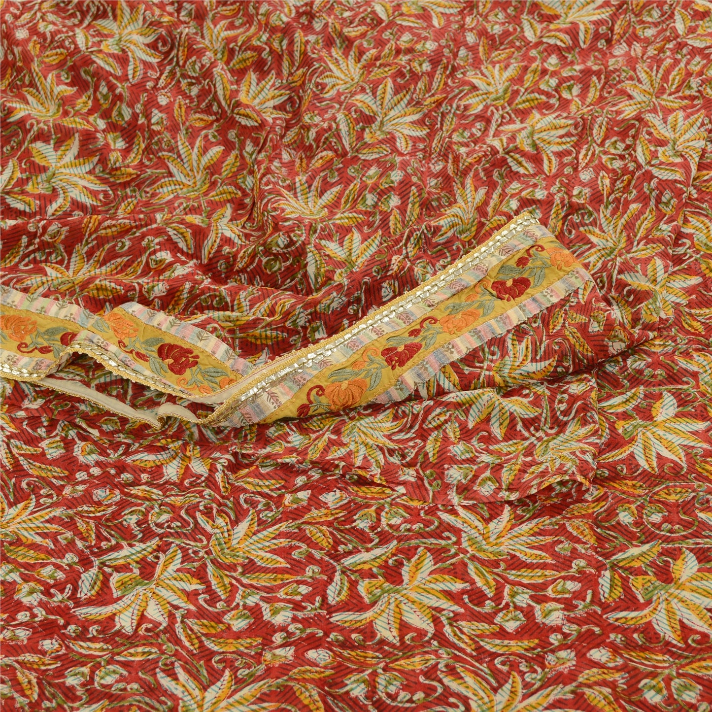Sanskriti Vintage Sarees Red Blend Geogette Printed Patch Work Sari Craft Sustainable Fabric