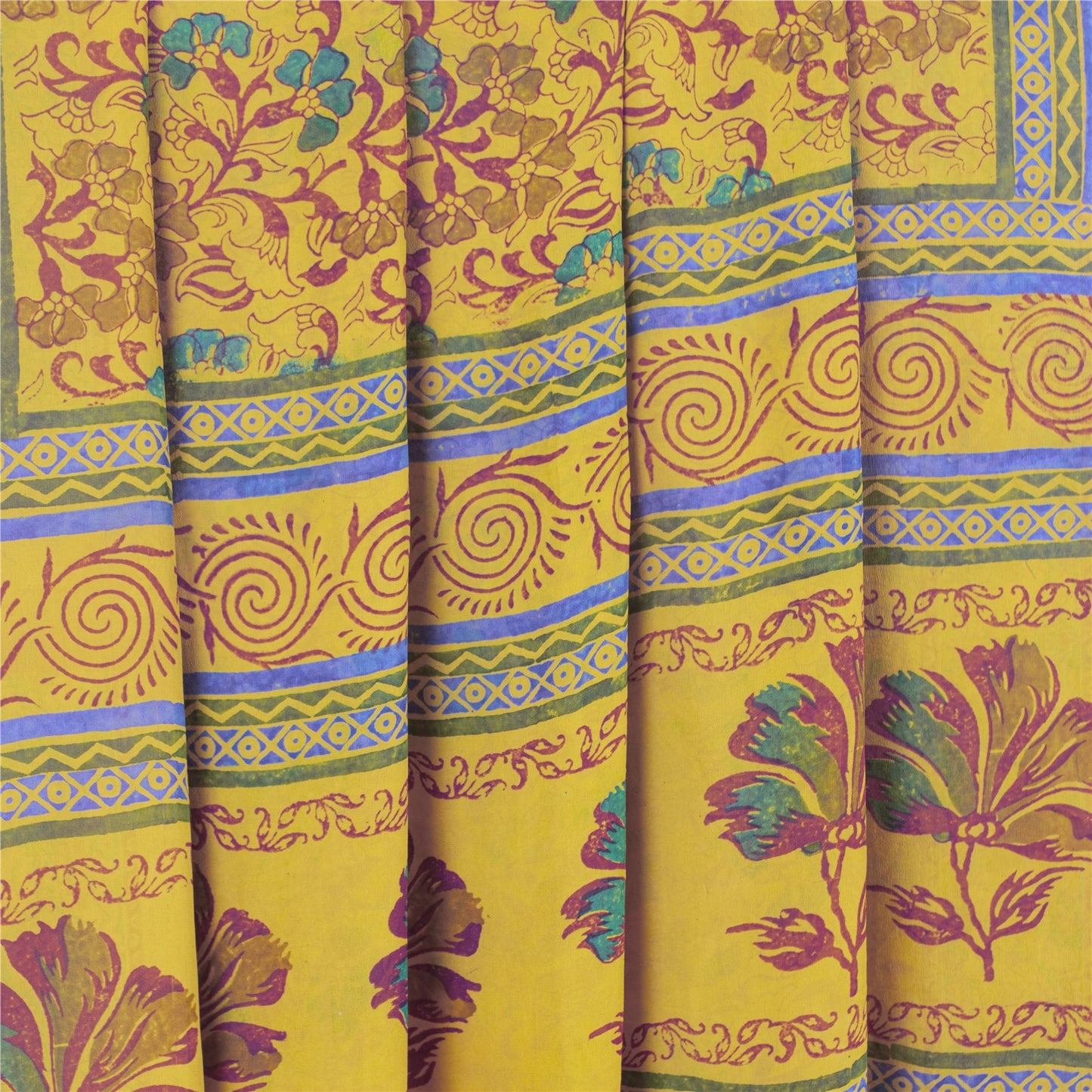 Sanskriti Vintage Sarees Yellow 100% Pure Geogette Silk Printed Sari Soft Sustainable Fabric