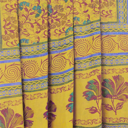 Sanskriti Vintage Sarees Yellow 100% Pure Geogette Silk Printed Sari Soft Sustainable Fabric