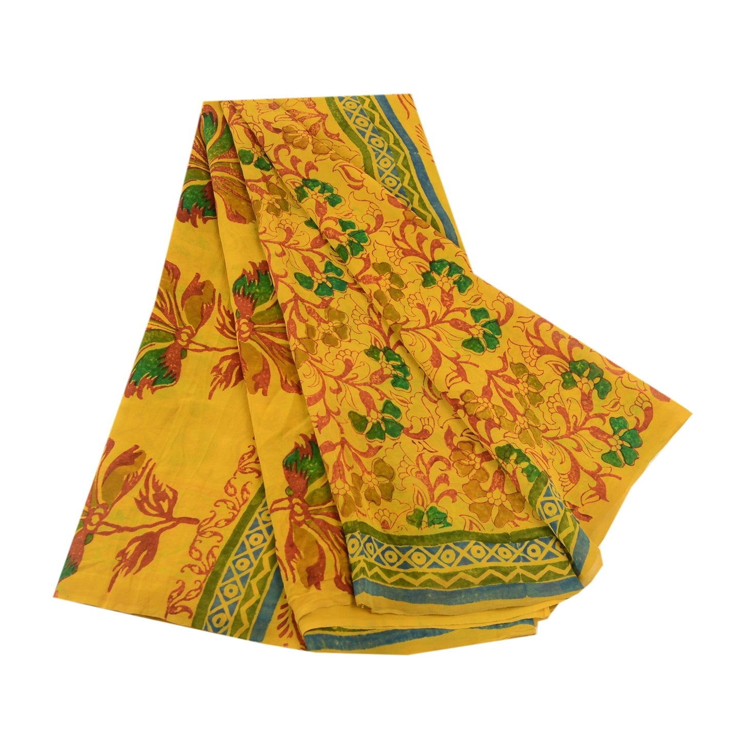 Sanskriti Vintage Sarees Yellow 100% Pure Geogette Silk Printed Sari Soft Sustainable Fabric