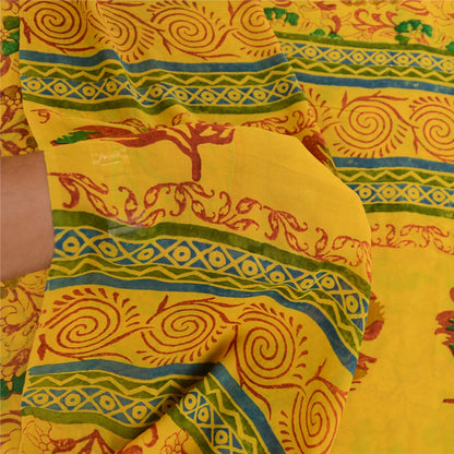 Sanskriti Vintage Sarees Yellow 100% Pure Geogette Silk Printed Sari Soft Sustainable Fabric