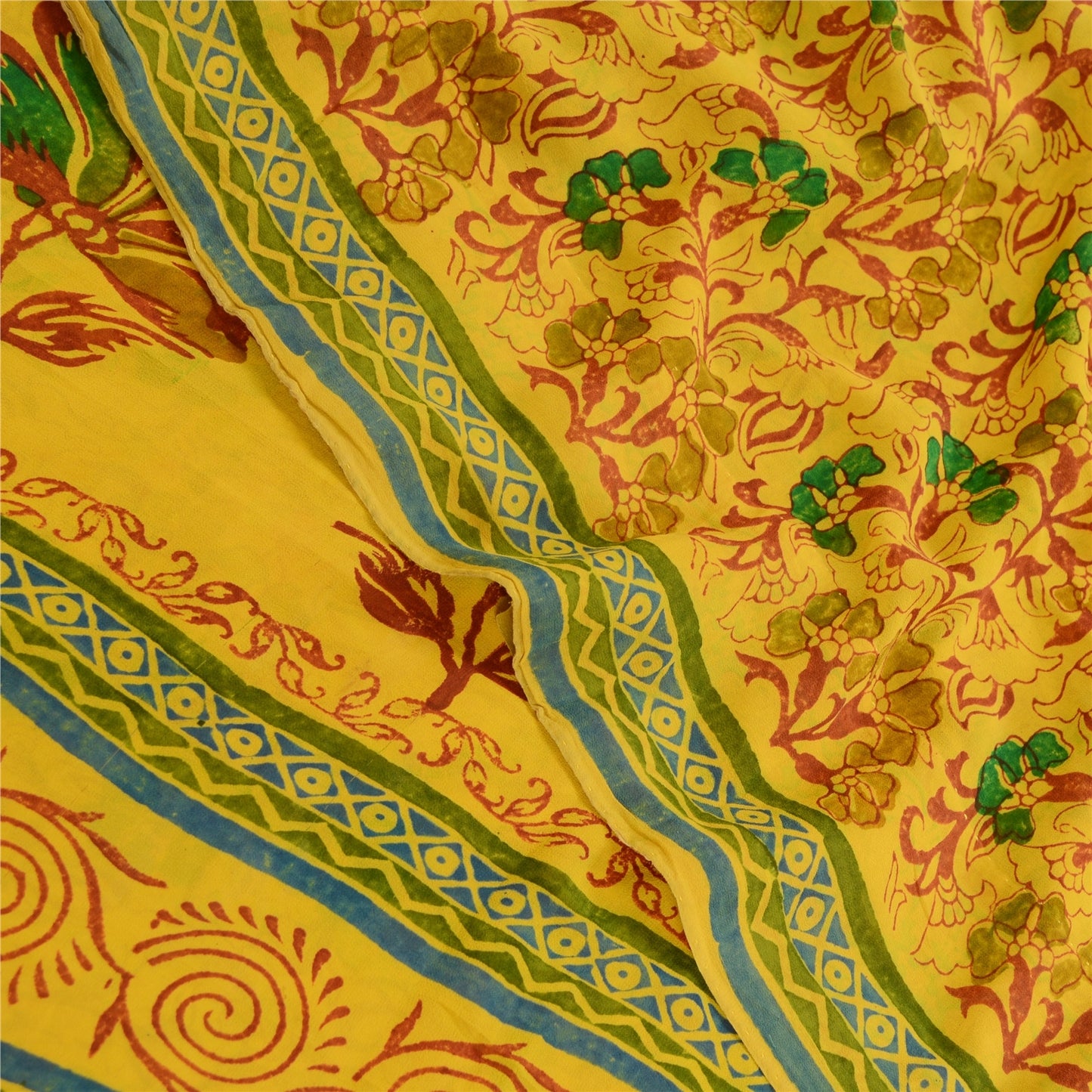 Sanskriti Vintage Sarees Yellow 100% Pure Geogette Silk Printed Sari Soft Sustainable Fabric