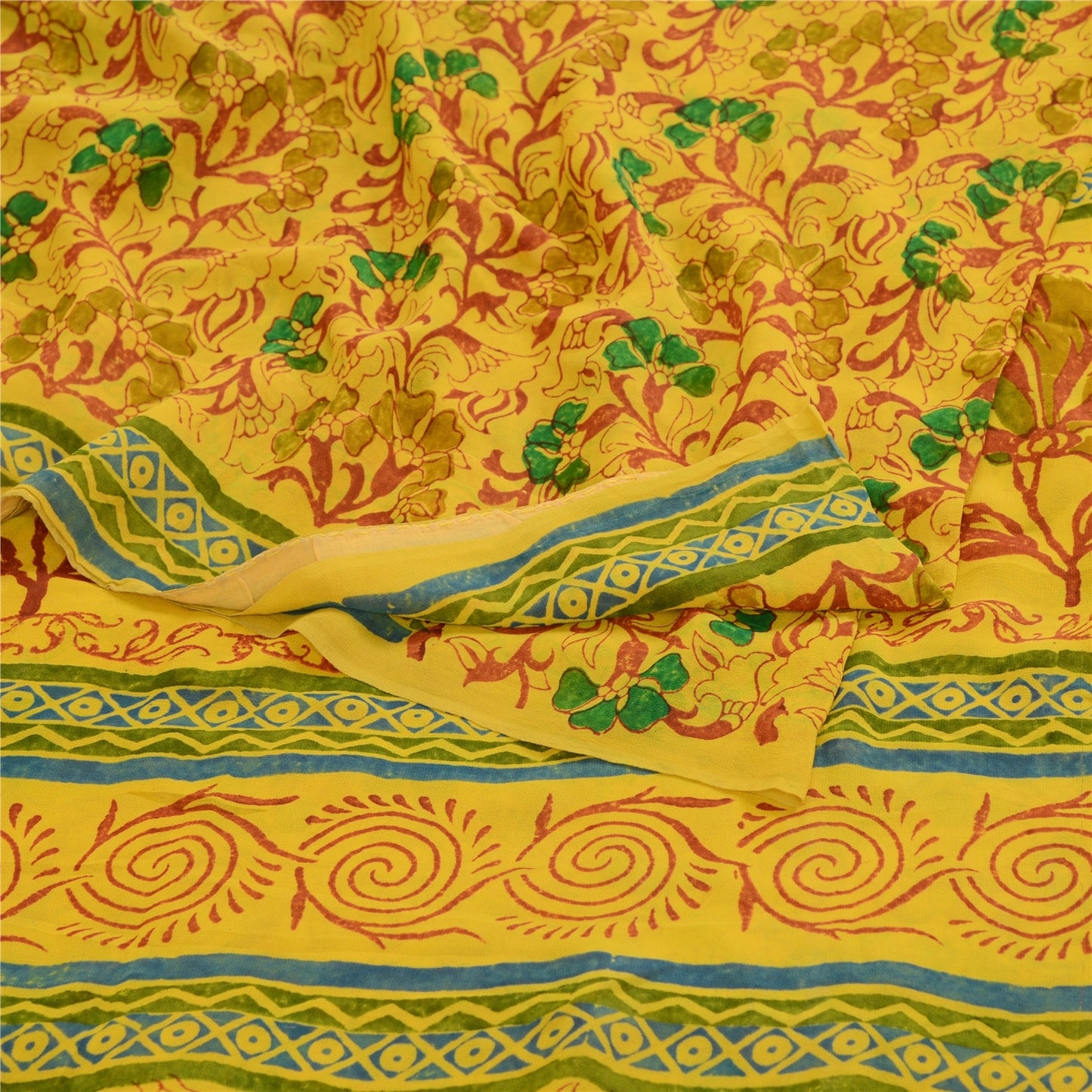 Sanskriti Vintage Sarees Yellow 100% Pure Geogette Silk Printed Sari Soft Sustainable Fabric
