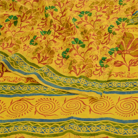 Sanskriti Vintage Sarees Gul 100% Ren Geogette Silke Trykt Sari Blødt Bæredygtigt Stof