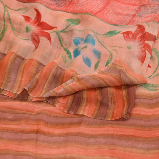Sanskriti Vintage Sarees Pink Pure Georgette Floral Print 5Yd Sari DIY Projects