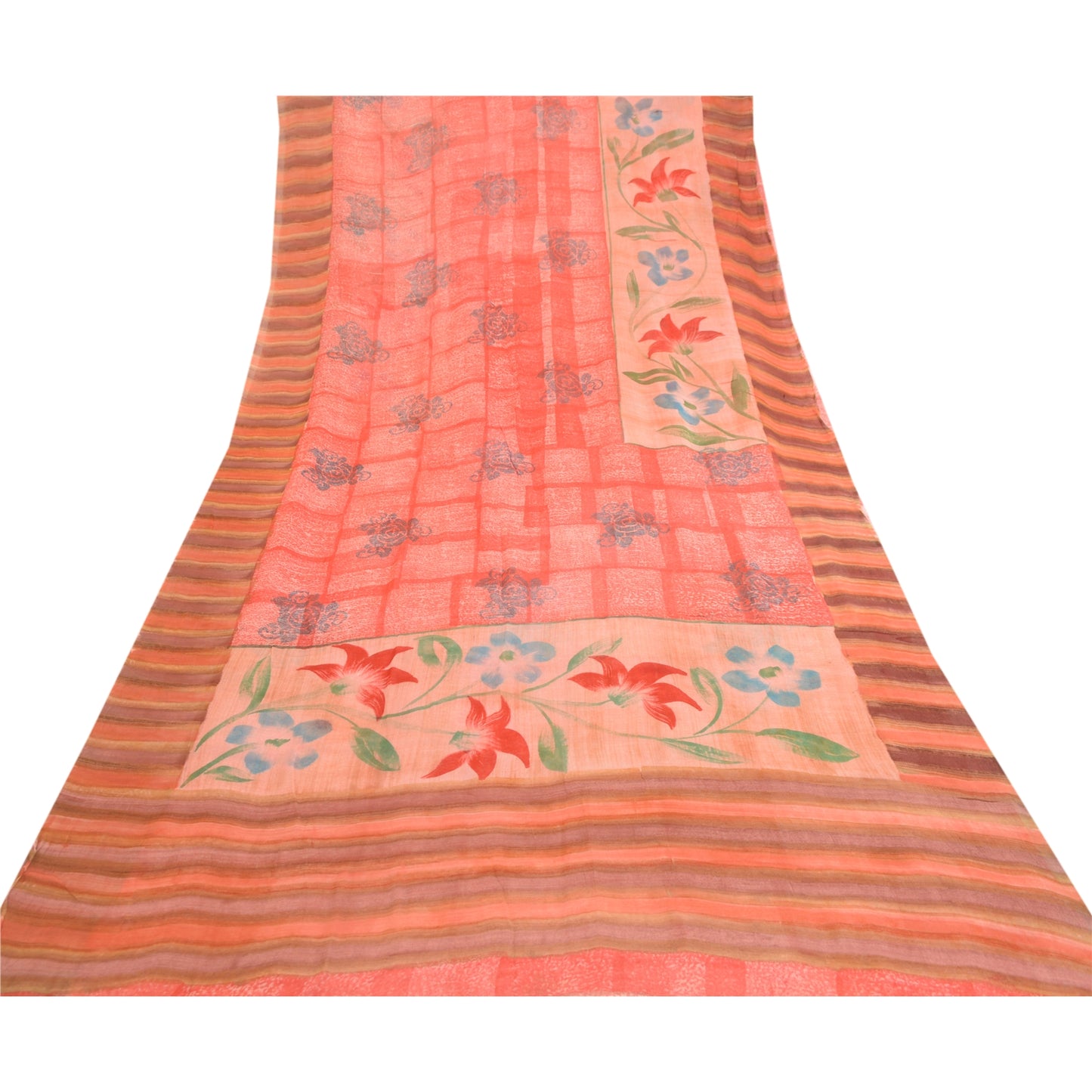 Sanskriti Vintage Sarees Pink Pure Georgette Floral Print 5Yd Sari DIY Projects