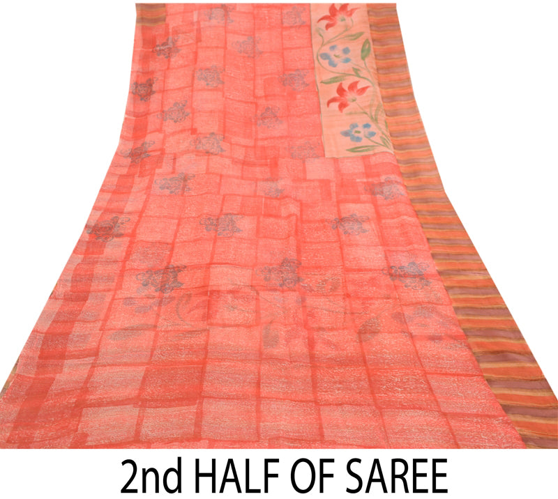 Sanskriti Vintage Sarees Pink Pure Georgette Floral Print 5Yd Sari DIY Projects