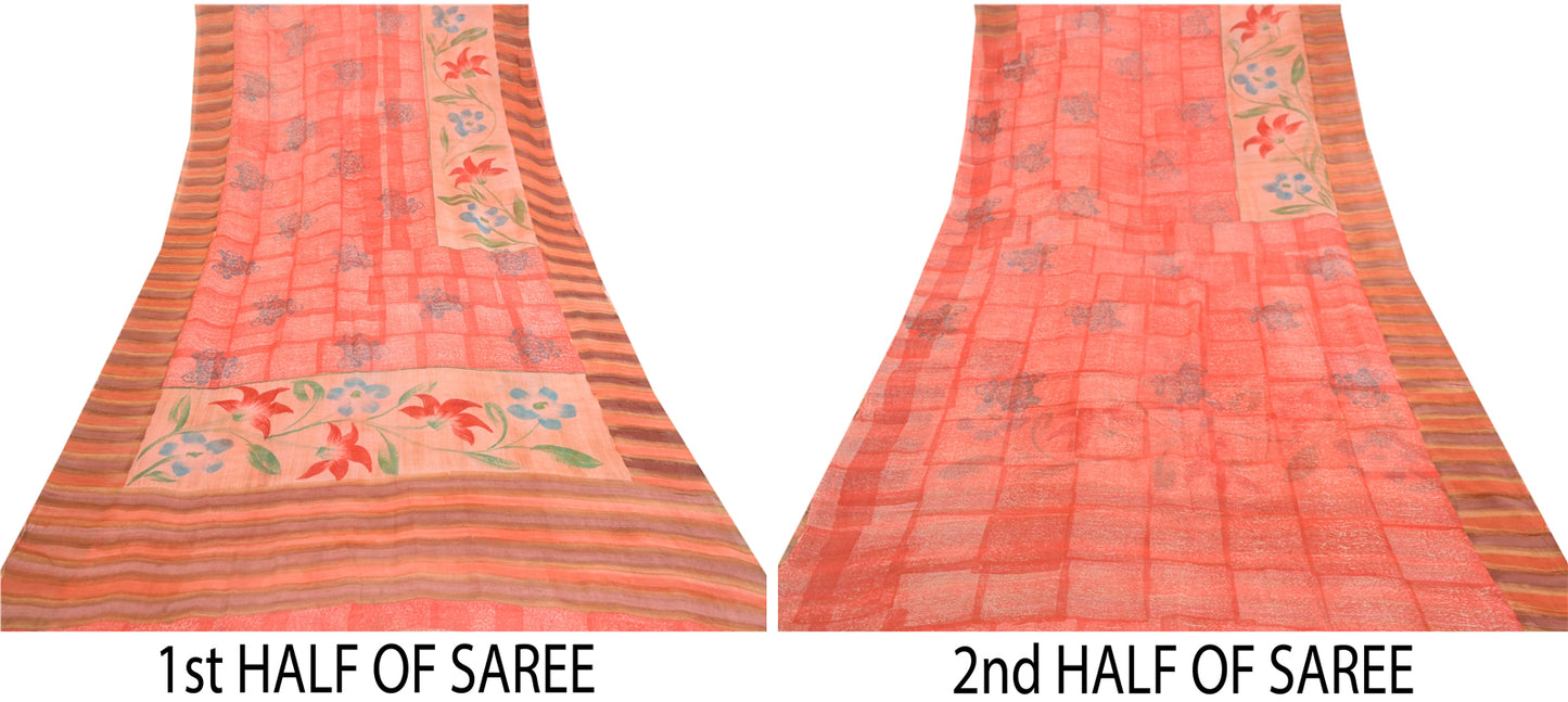 Sanskriti Vintage Sarees Pink Pure Georgette Floral Print 5Yd Sari DIY Projects