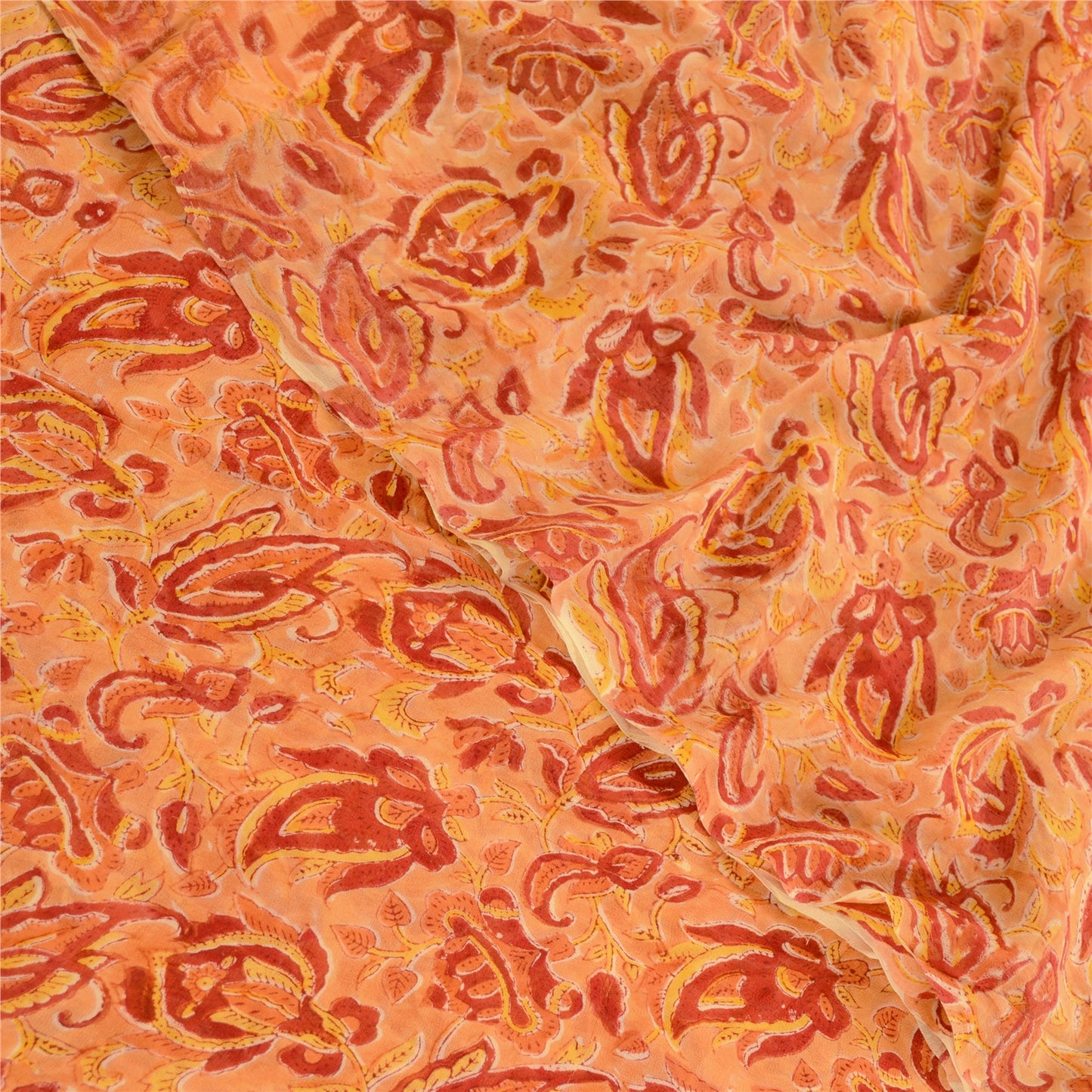 Sanskriti Vintage Sari Blend Georgette Saffron Printed Sarees 5Yd Craft Fabric Create-Floral Dresses, Kaftans, Skirts, Tops