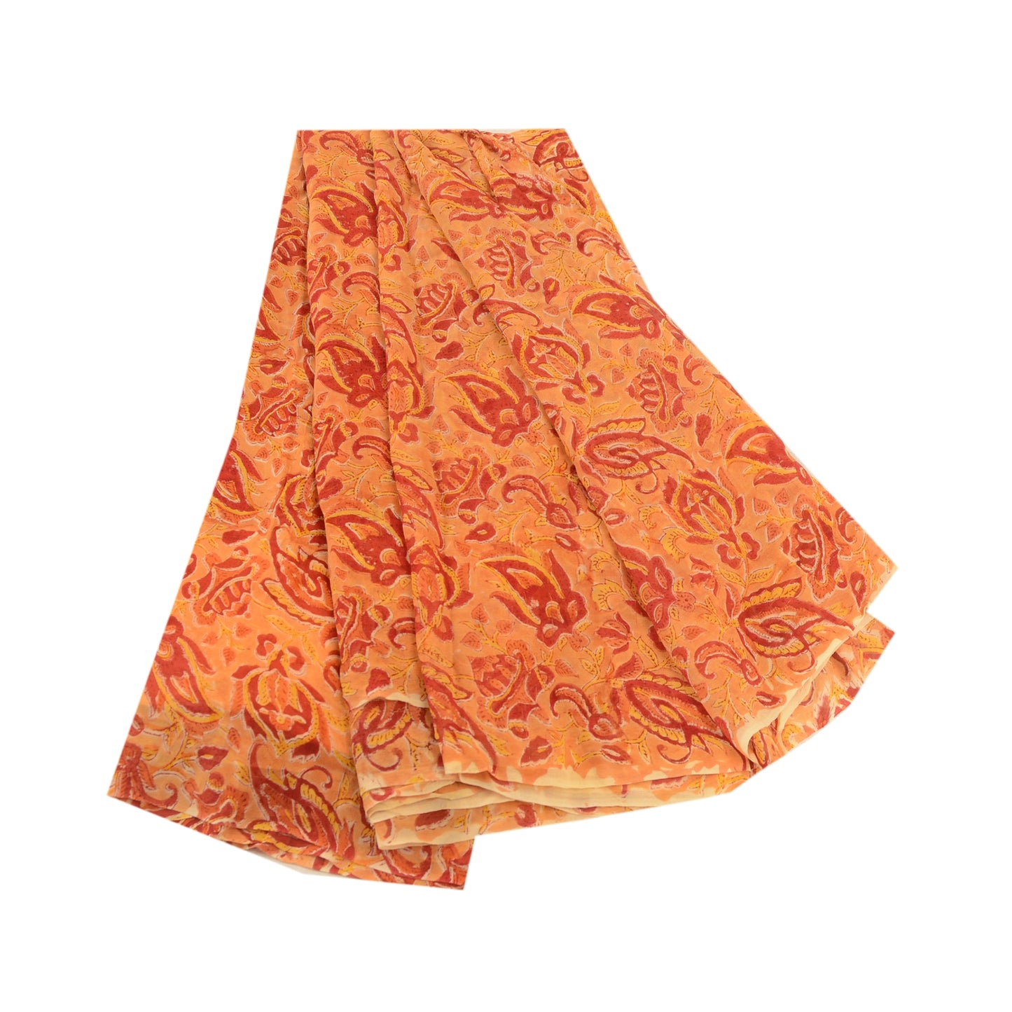 Sanskriti Vintage Sari Blend Georgette Saffron Printed Sarees 5Yd Craft Fabric Create-Floral Dresses, Kaftans, Skirts, Tops