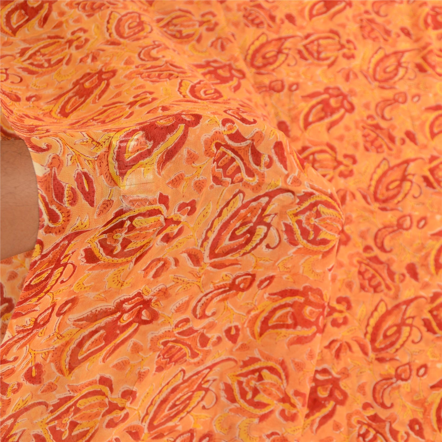 Sanskriti Vintage Sari Blend Georgette Saffron Printed Sarees 5Yd Craft Fabric Create-Floral Dresses, Kaftans, Skirts, Tops