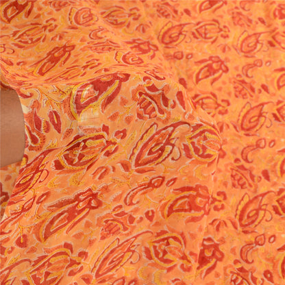 Sanskriti Vintage Sari Blend Georgette Saffron Printed Sarees 5Yd Craft Fabric Create-Floral Dresses, Kaftans, Skirts, Tops