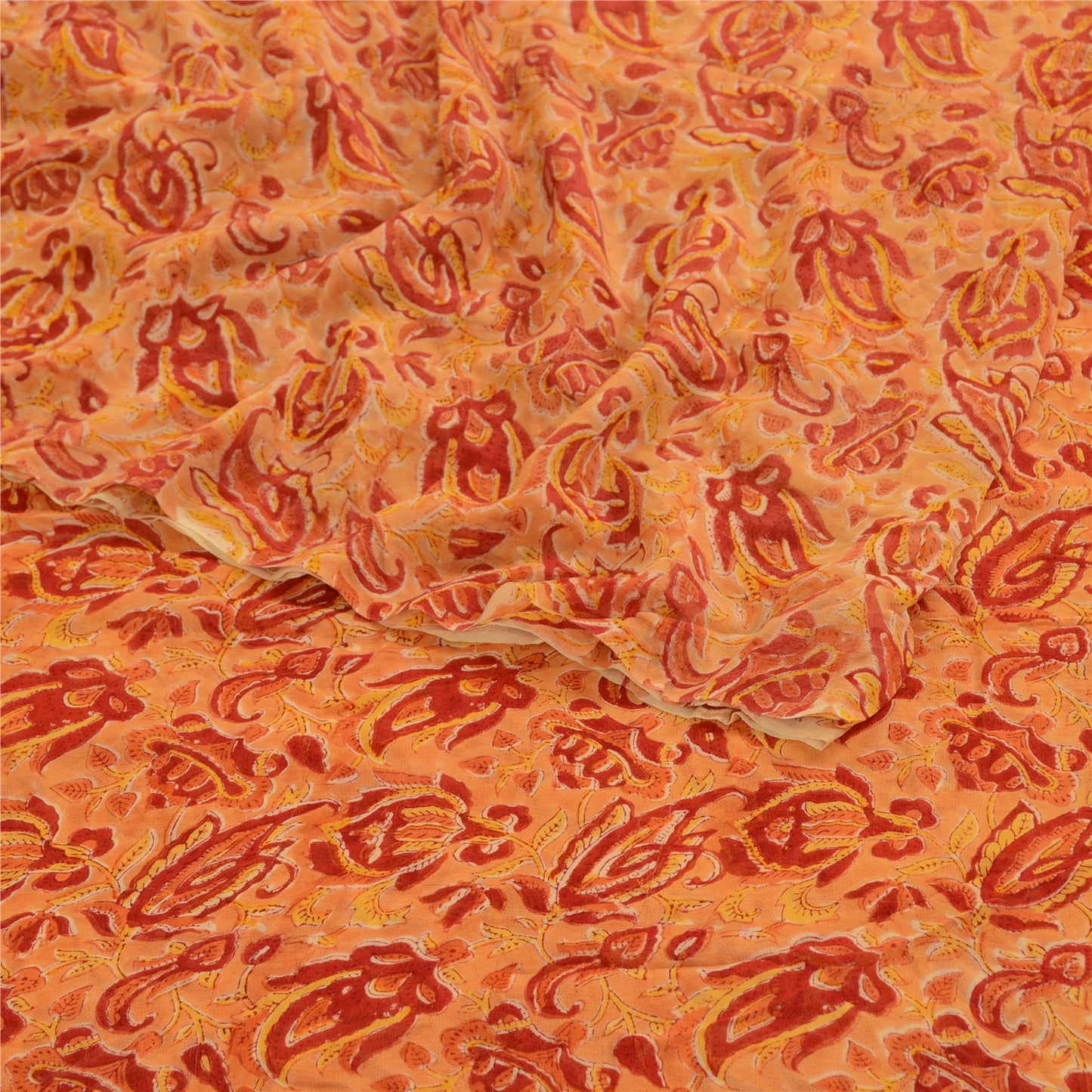 Sanskriti Vintage Sari Blend Georgette Saffron Printed Sarees 5Yd Craft Fabric Create-Floral Dresses, Kaftans, Skirts, Tops