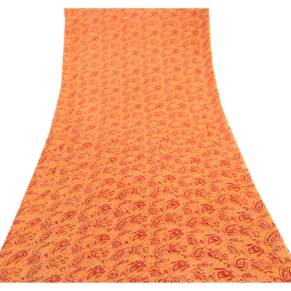 Sanskriti Vintage Sari Blend Georgette Saffron Printed Sarees 5Yd Craft Fabric Create-Floral Dresses, Kaftans, Skirts, Tops