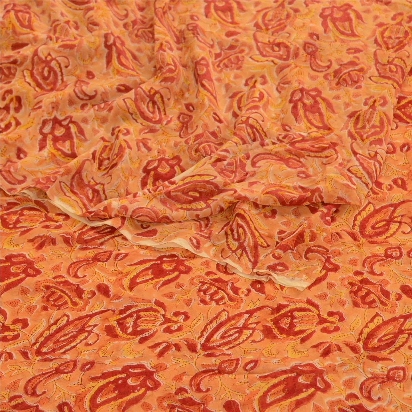 Sanskriti Vintage Sari Blend Georgette Saffron Printed Sarees 5Yd Craft Fabric Create-Floral Dresses, Kaftans, Skirts, Tops