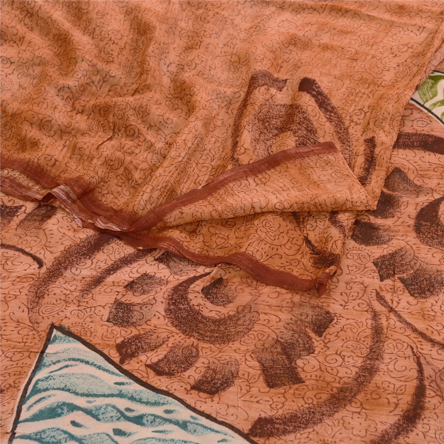 Sanskriti Vintage Sari Blend Georgette Peach Printed Saree 5 Yd Floral Craft Fabric Home Decor, Women Floral Outfit, Silk Scrap