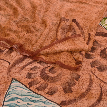 Sanskriti Vintage Sari Blend Georgette Peach Printed Saree 5 Yd Floral Craft Fabric Home Decor, Women Floral Outfit, Silk Scrap