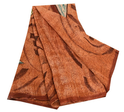 Sanskriti Vintage Sarees Peach Blend Georgette Printed Sari Floral Craft Sustainable Fabric