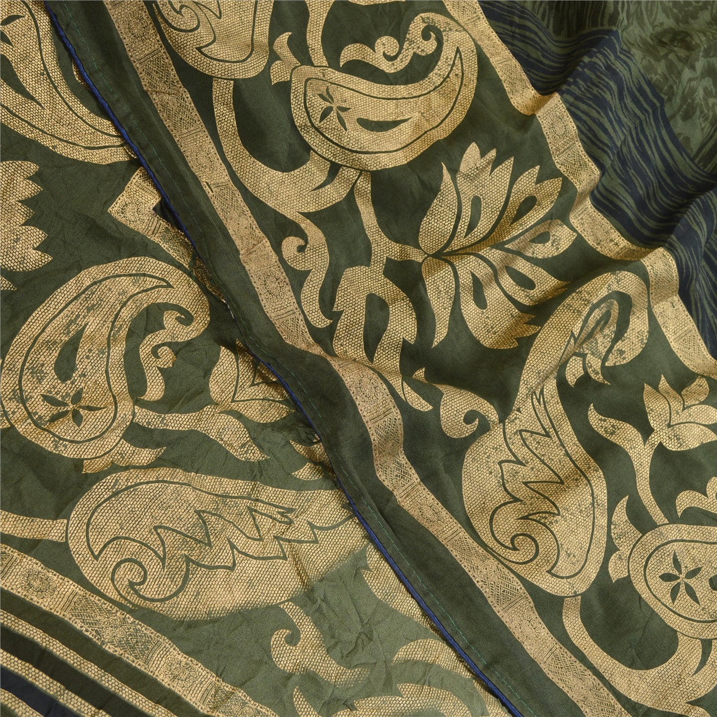 Sanskriti Vintage Georgette From India Green Printed Saree 5 Yd Craft Fabric Floral Recycled For Quilting Felting, Home Decor