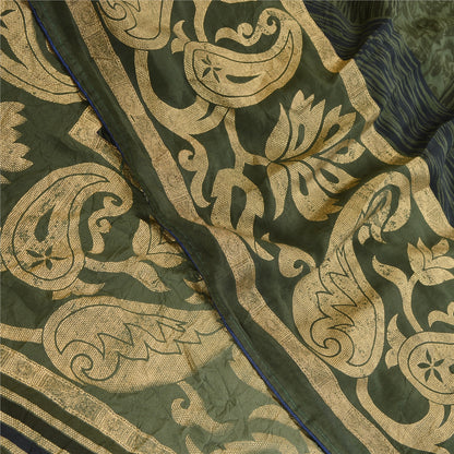 Sanskriti Vintage Georgette From India Green Printed Saree 5 Yd Craft Fabric Floral Recycled For Quilting Felting, Home Decor